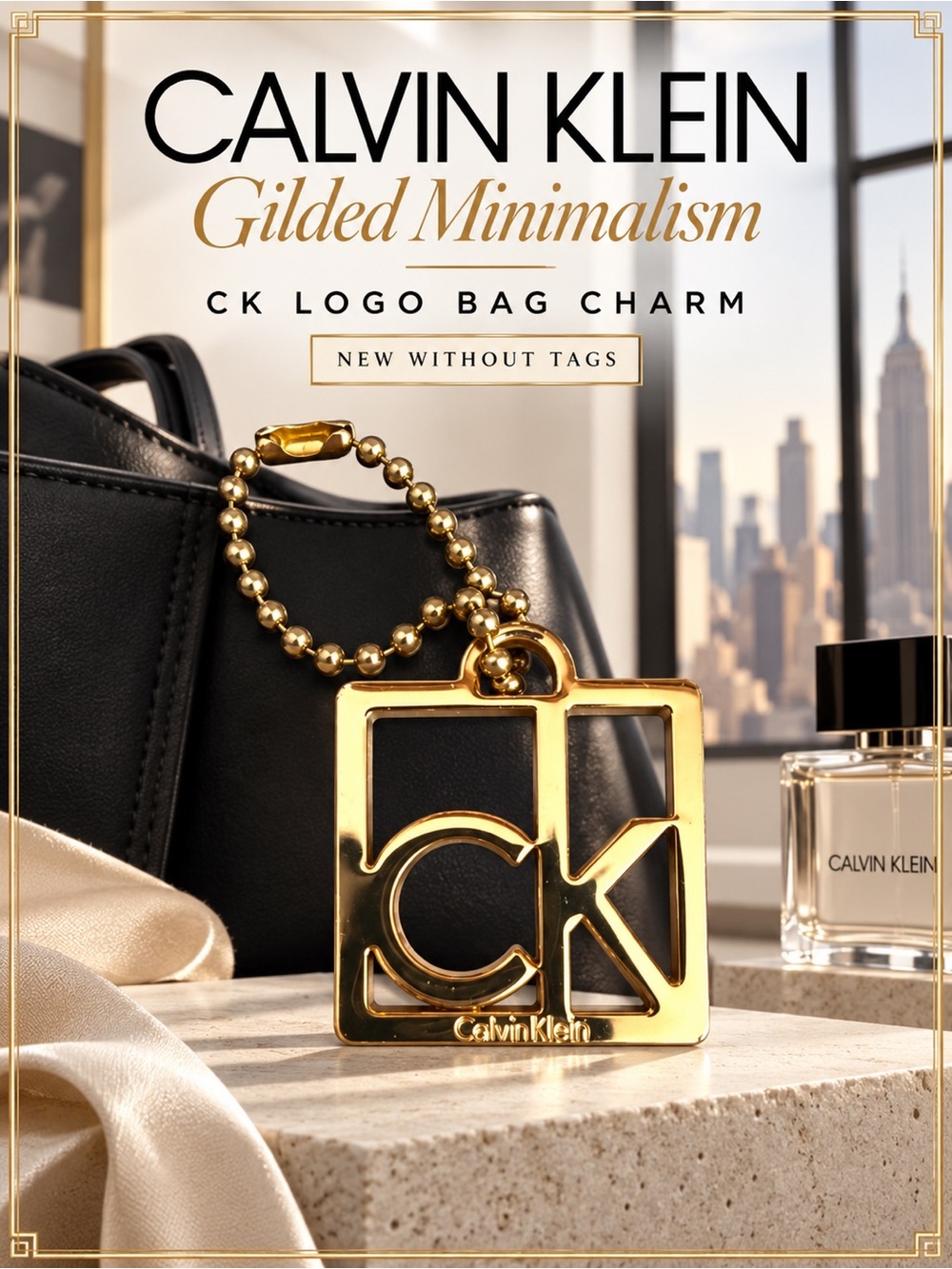 Calvin Klein Gold-Tone CK Square Logo Keychain - Bag Charm Accessory NWOT